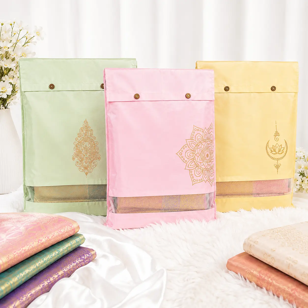 multicolour-silk-saree-covers-with-transparent-window-button-closure-16-x-14-inch-wardrobe-organizer-bags-for-travel-wedding-pack-of-3