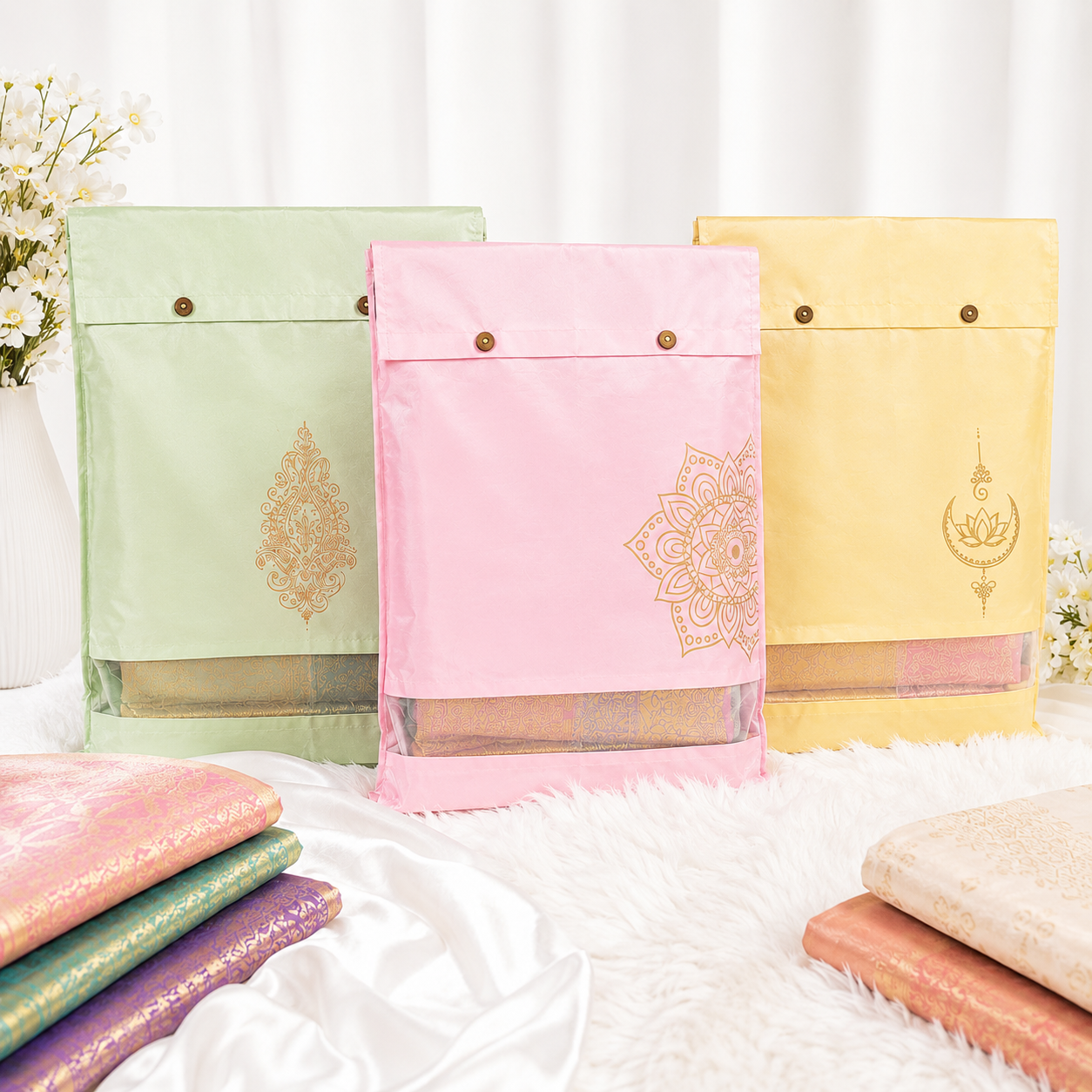 ivillage-multicolour-polysilk-saree-covers-with-transparent-window-button-closure-16-x-14-inch-wardrobe-organizer-bags-for-travel-wedding-pack-of-12
