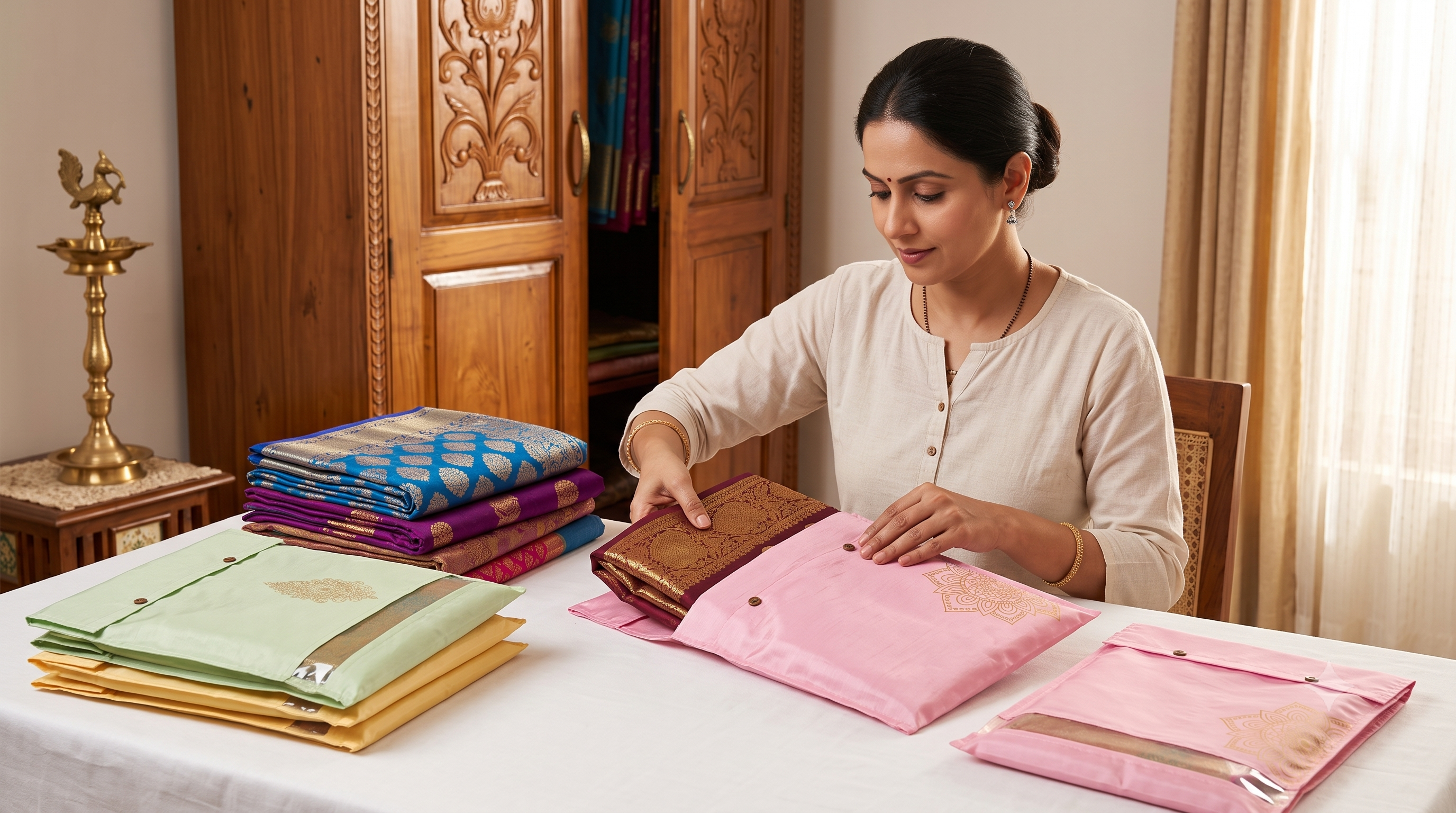 multicolour-silk-saree-covers-with-transparent-window-button-closure-16-x-14-inch-wardrobe-organizer-bags-for-travel-wedding-pack-of-6