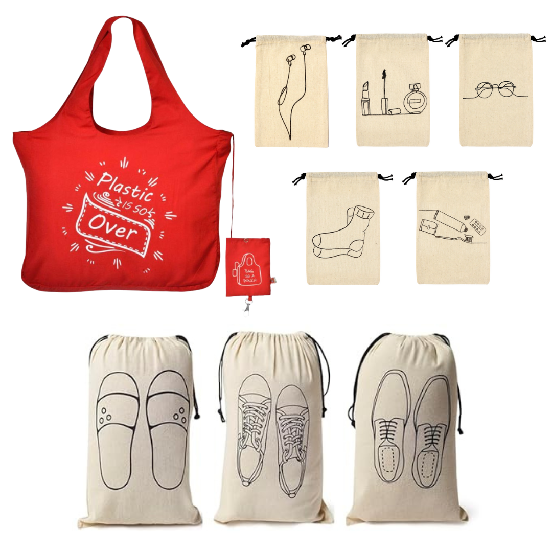 travel-combo-with-1-foldable-microfiber-tote-bagred-5-cotton-travel-pouches-and-3-shoe-cover-for-travel-pack-of-9